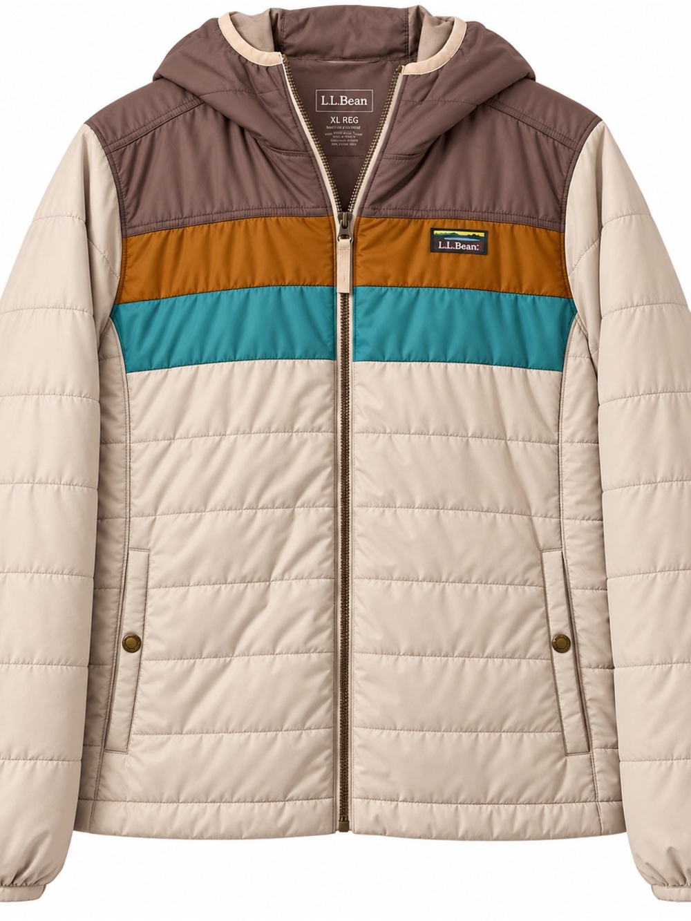 L.L. Bean Beige Hooded Puffer with Teal and Mustard Panels